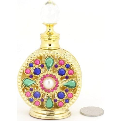 10ml Arabic Style Building Retro Rhinestone Metal Perfume Bottle Antique Glass Oil Bottles Empty Doterra Containers