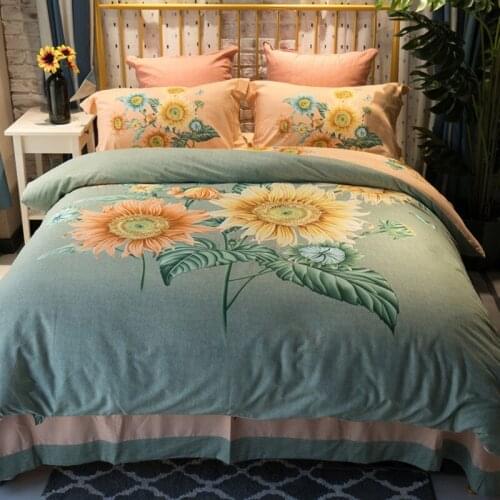 100% cotton Sanding Printed Flower Sunflowr Bedding sets Queen King Wedding Duvet cover Bed sheet set Pillowcases 4pcs blue