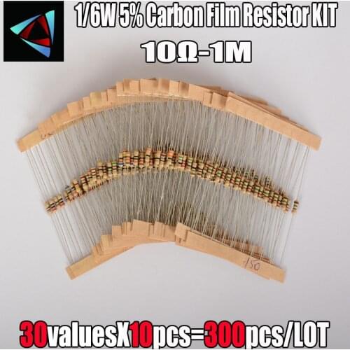 300pcs 5% 1/6W 30Values*10pcs=300pcs 10R ~1M Ohm Carbon Film Resistor Assorted Kit