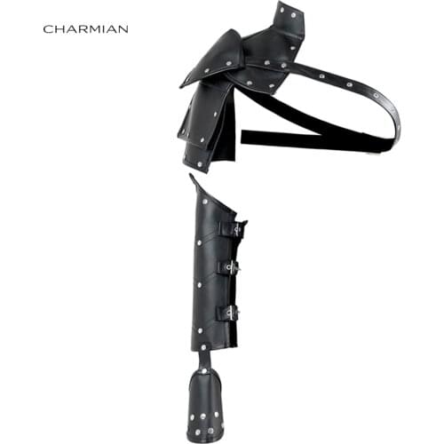 Charmian Womens Steampunk Black Faux Leather Buckles Rivets Armlet One-shoulder Shrug Punk Corset Bustier Accessories