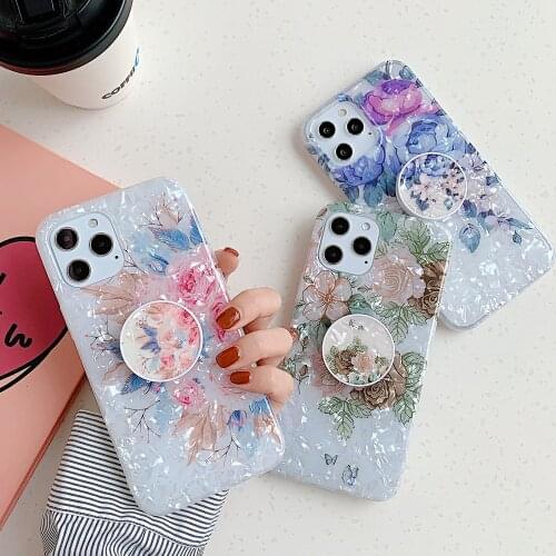 Shell Pattern Flowers Case For iPhone 11 12 Pro Max Cover on For Samsung S20 S10 S9 S8 Plus Soft Phone Cases With Holder Stand