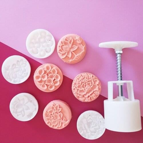 75g Barrel Mooncake Mold with 4 Flower Stamps Cookie Cutter Hand Press Green Bean Pastry Mould DIY Bakeware Mid-autumn Festival