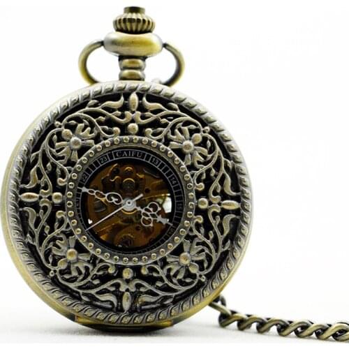 Classic Steampunk Bronze Pocket Watches Skeleton Hand-winding Mechanical Pocket Watch Stainless Steel Men Women with Fob Chain