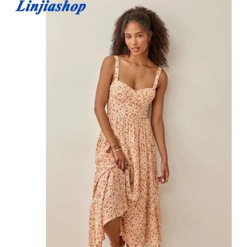 2021 Summer beach Sundresses women vintage floral Sling Middle length Dresses Bohemia Strap Vestidos elegance Retro Midi Dress