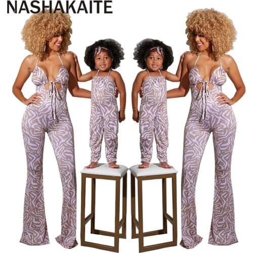 NASHAKAITE Mum and Daughter Clothes Sleeveless Print Backless Jumpsuit Rompers For matching Mother Daughter Clothes Women Romper