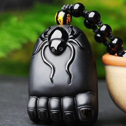 Natural Black Obsidian Foot Jade Pendant Necklace Chinese Carved Fashion Charm Jewellery Accessories Amulet for Men Women Gifts