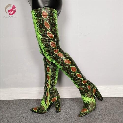 Original Intention New Fashion Super Sexy Green Snakeskin Over Knee High Boots Thigh High Boots Pointed Toe Chunky Heels Charm