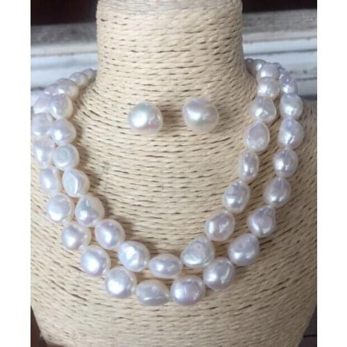 Single trands 11-12mm south sea white baroque pearl necklace 33&earring 925silver