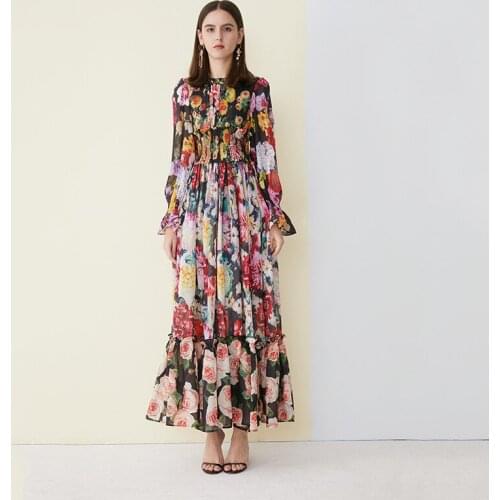 Chic womens 2021 spring summer floral print long sleeves chiffon elegant princess dress G099