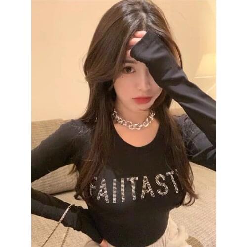 Spring and Autumn Long Sleeve Round Neck Top Women Shining Hot Rhinestone Letter T-shirt High Street Fashion Slim Top Black