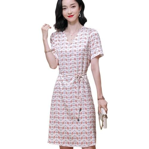 Silk Floral Knee Length Dress For Women High End Silk V Neck Flower Printing Short Sleeve Midi Dresses With Same Fabric Sash