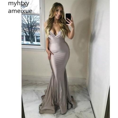 New Sexy Cheap Evening Dresse 2021 Mermaid Prom Dress V-neck Sweep Train Floor Length Evening Gowns Custom Made Plus Size