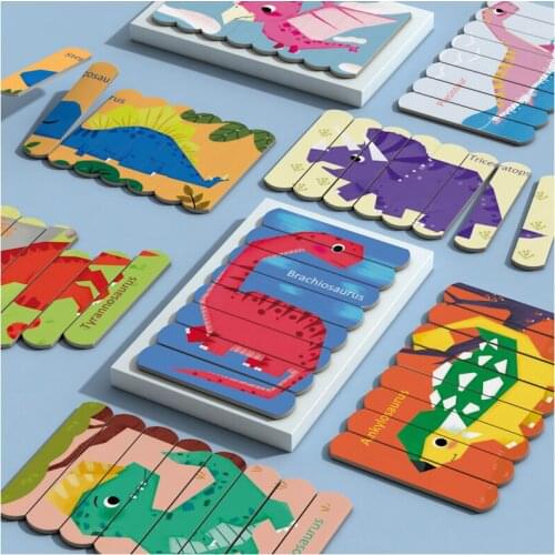 4Pcs Wooden 3D Iron Box Double-Sided Strip Puzzles Animal Puzzle for Kids Montessori Educational Wooden Toys Jigsaw