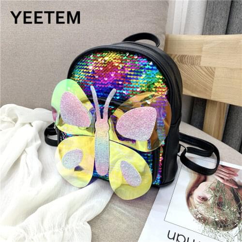New Shiny Sequin Butterfly Childrens Backpack Kindergarten School Bag PU Skin Cute Waterproof Boy Girl Women Back To School