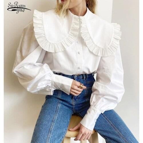 Korean Style Elegant Pleated Shirts Spring Turn Down Collar Blouse Women Solid Single Breasted Lantern Sleeve Tops Blusas 13337
