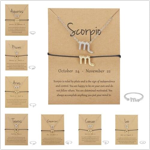 3 Pcs/Set Star Zodiac Sign Pendant Necklace Bracelet Ring Set For Friendship Fashion Cardboard 12 Constellation Charm Jewelry