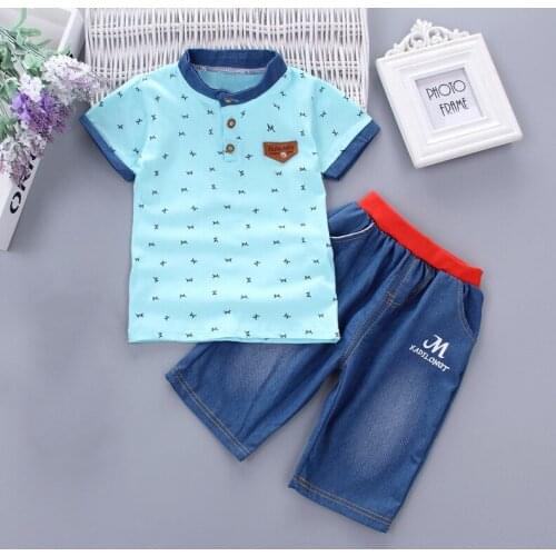 New fashion baby boys summer clothes newborn children clothing sets for boy short sleeve shirts + jeans cool denim shorts suit