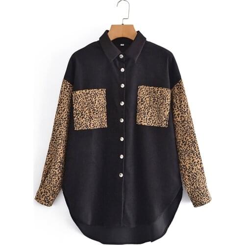 MESTTRAF Women 2021 Fashion Leopard Print Stitching Pocket Shirt Retro Long-Sleeved Asymmetric Button Shirt Streetwear