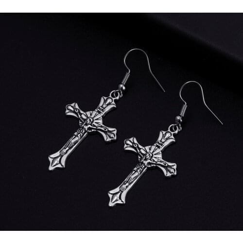Trendy Vintage Cross Shape Dangle Antique Silver Plated Earrings for Women Girl Retro Drop Earrings Cute Earring Jewelry Bijoux