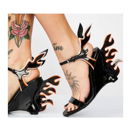 Pink Black White Orange Red Fashion Woman Open Toe Ankle Buckle Strap Flame Wedge Patent Leather Sandals High Heel Sandals Lady