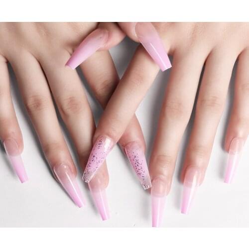 Manicure Kit 24PCS Set Jelly Gel Full Cover Acrylic Long Coffin Glitter French Press On Fake Nails With Designs