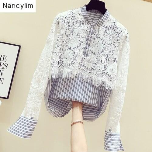 New Korean Lace Shirt Woman Autumn Fashion Hollow Lace Stitching Stripe Long Sleeve Shirts Girls Lady Stand Collar Blouse Tops