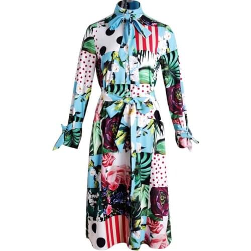 Womens 2021 spring new mixed material multi-color retro polka dot stripe rose print contrast color long-sleeved bow Sicily