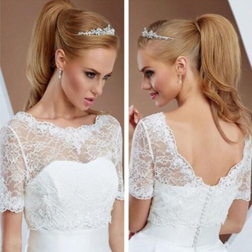 New Vintage Sexy V Back Scoop Neck White/Ivory Lace Wedding Jackets Bolero Topper Short 1/2 Sleeve Bridal Jacket