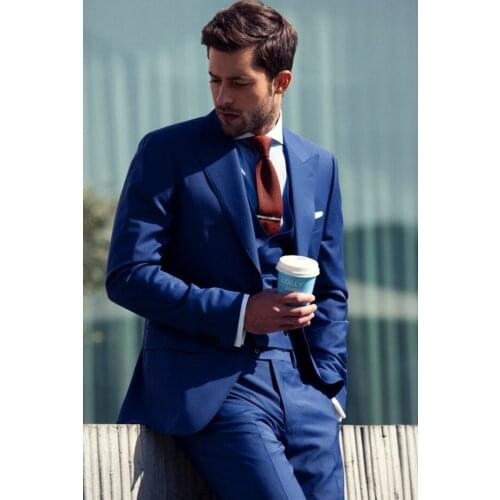 New Arrival Groomsmen Peak Lapel Groom Tuxedos Royal Blue Men Suits Wedding Best Man Blazer (Jacket+Pants+Vest) C50