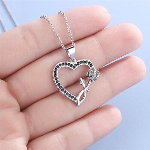 2021 Trendy Heart Rose Flower Pendant Necklace For Women Jewelry Silver 925 Chain Choker Female Shiny Zircon Necklaces Gift