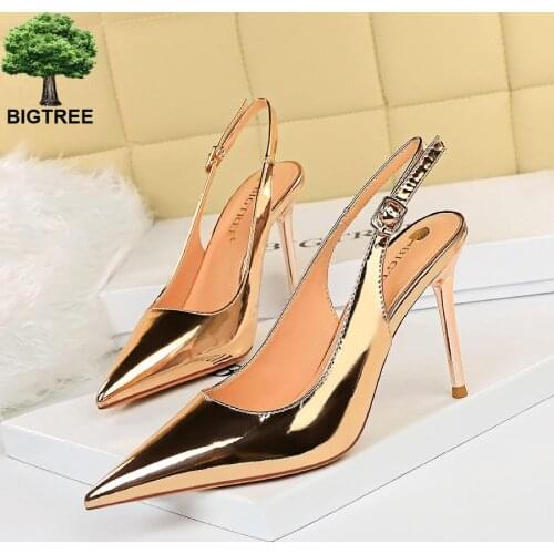 BIGTREE Thin Heels Retro Women Outdoor Slippers PU Leather Open Toe High Heels 10cm Slipper Womens Show Thin Party Slippers