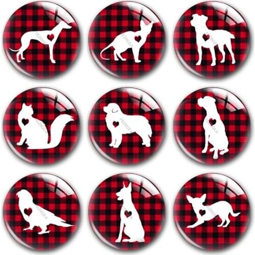 Handmade Christmas X-Mas Buffalo Plaid Animals Round Photo Glass Cabochons Demo Flat Back DIY Jewelry Making Findings Accessory