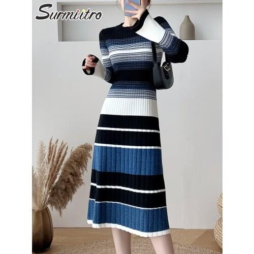 SURMIITRO Knit Long Sweater Dress Women 2021 Fashion Autumn Winter Korean Style Blue Stripe Half Turtleneck Long Sleeve Female