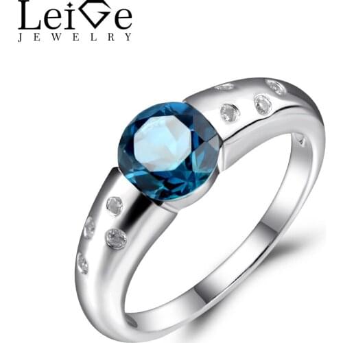 Leige Jewelry London Blue Topaz Rings for Women Sterling Silver 925 Blue Gemstone Ring Round Cut Topaz Jewelry Valentine Gifts