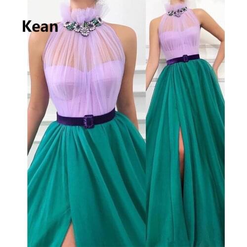 Contrast colors Evening Dress Lilac Green High neck Slit Robe De Soiree Islamic Dubai Kaftan Saudi Arabic Evening Prom Dress