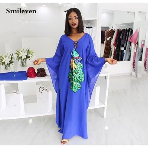 Smileven Pakistan Royal Blue Chiffon Formal Evening Dresses Sexy V Neck Peacock Pattern Saudi Arabia Caftan Evening Party Gowns