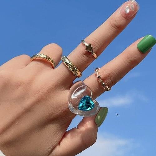 Ins 5Pcs/Set Vintage Heart Transparent Resin Rings for Female Girl Y2K Crystal Star Shape Ring Set Retro Stacking Ring Jewelry