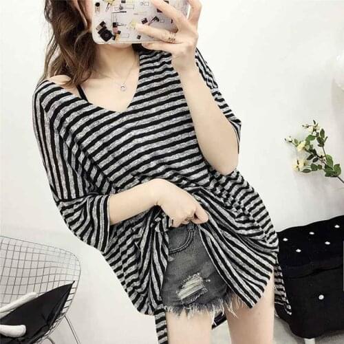 Size 8XL 150kg T Shirt Women Striped Punk T-shirt O-Neck Casual Harajuku Short Sleeve Korean Shirt Camiseta Feminina Top