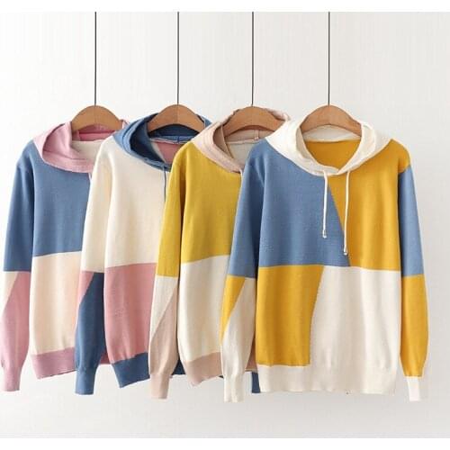 2020 Spring Autumn And Winter Women Knitting Spell Coloured Hoodies Fashion Short Loose Sweatshirt Jumper 4 Colors