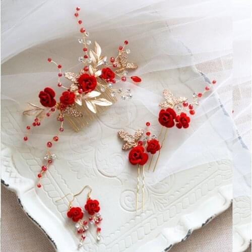 Charming Red Flower Women Prom Headpiece Rhinestone Bridal Hair comb Wedding Headband Hair Pins Accessories