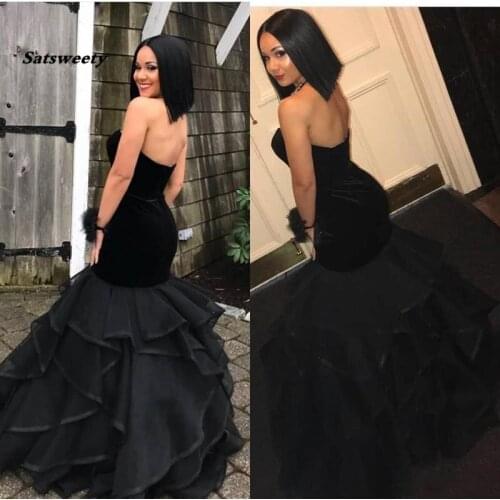 2021 Sexy Elegant Black Velvet Prom Dresses sweetheart cascading Organza Floor Length Formal Evening Gowns Long robe de soiree
