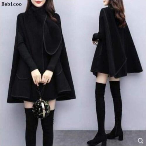 Autumn and winter new cloak black wool in the long section loose British wind woolen coat female