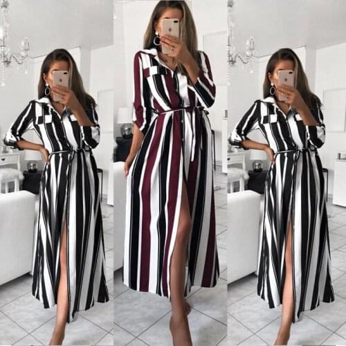2019 Office Lady Turn-Down Collar Button Lace Up Long Shirt Dress Women Autumn Spring Long Sleeve Stripe Maxi Dresses