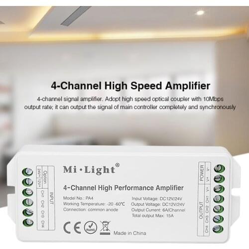Mi Light PA4 4-Channel High Performance Amplifier DC 12V 24V 6A/Channel 15A High Speed Single Color RGB RGBW LED Strip Amplifier