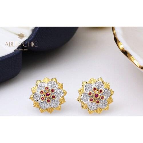 925 Sterling Silver Golden Rim CZ Flower Earrings Renaissance Engraved Floral Stud Earring Nature Elment Jewelry C11E4S25295