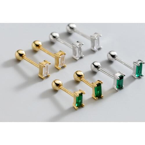 925 Sterling Silver 5mmX3mm Square Single Zircon Screw Bead Earrings For Women Mini Silver Ball Ear Hole Dating Piercing Jewelry