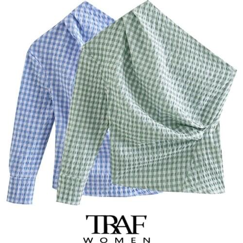 TRAF Za Women Fashion Pleated Plaid Print Irregular Blouses Vintage One Shoulder Side Button-up Female Shirts Chic Tops