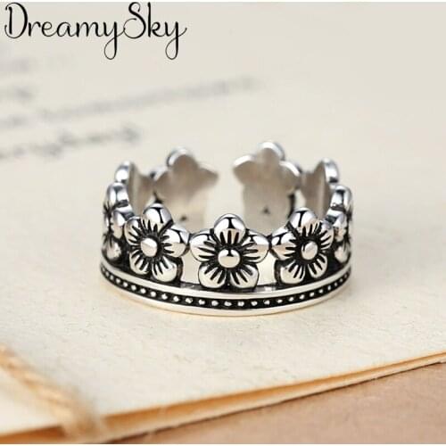 DreamySky Punk Retro Real Silver Color Crown Rings For Women Vintage Flower Jewelry Statement Adjustable Size Finger Ring
