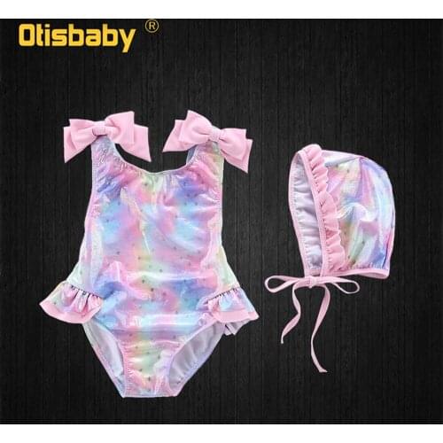 Boutique Baby Girls Rainbow Swimsuit Swimming Cap Goggles Toddler Girls Little Mermaid Ariel Swimwear One Piece Bikini Trikini