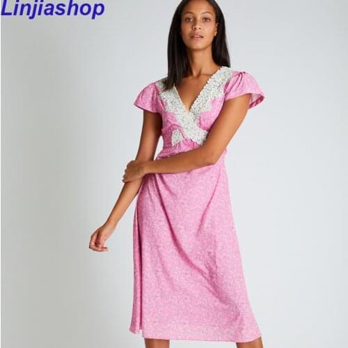 Elegant Women Sexy Lace Patchwork Floral Print Dress Female V Neck Sashes A-line Summer Holiday Dress Party Vestido